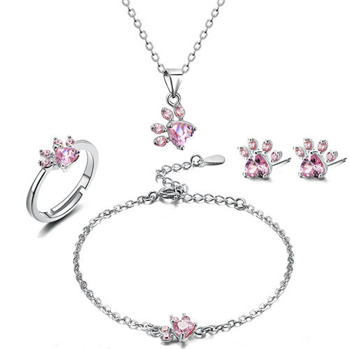 Conjunto de Joyería de Huella en Oro Rosa – 4 Piezas con Corazón de Zirconia (Anillo, Collar, Pendientes, Pulsera)