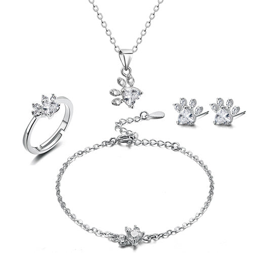 Conjunto de Joyería de Huella en Oro Rosa – 4 Piezas con Corazón de Zirconia (Anillo, Collar, Pendientes, Pulsera)