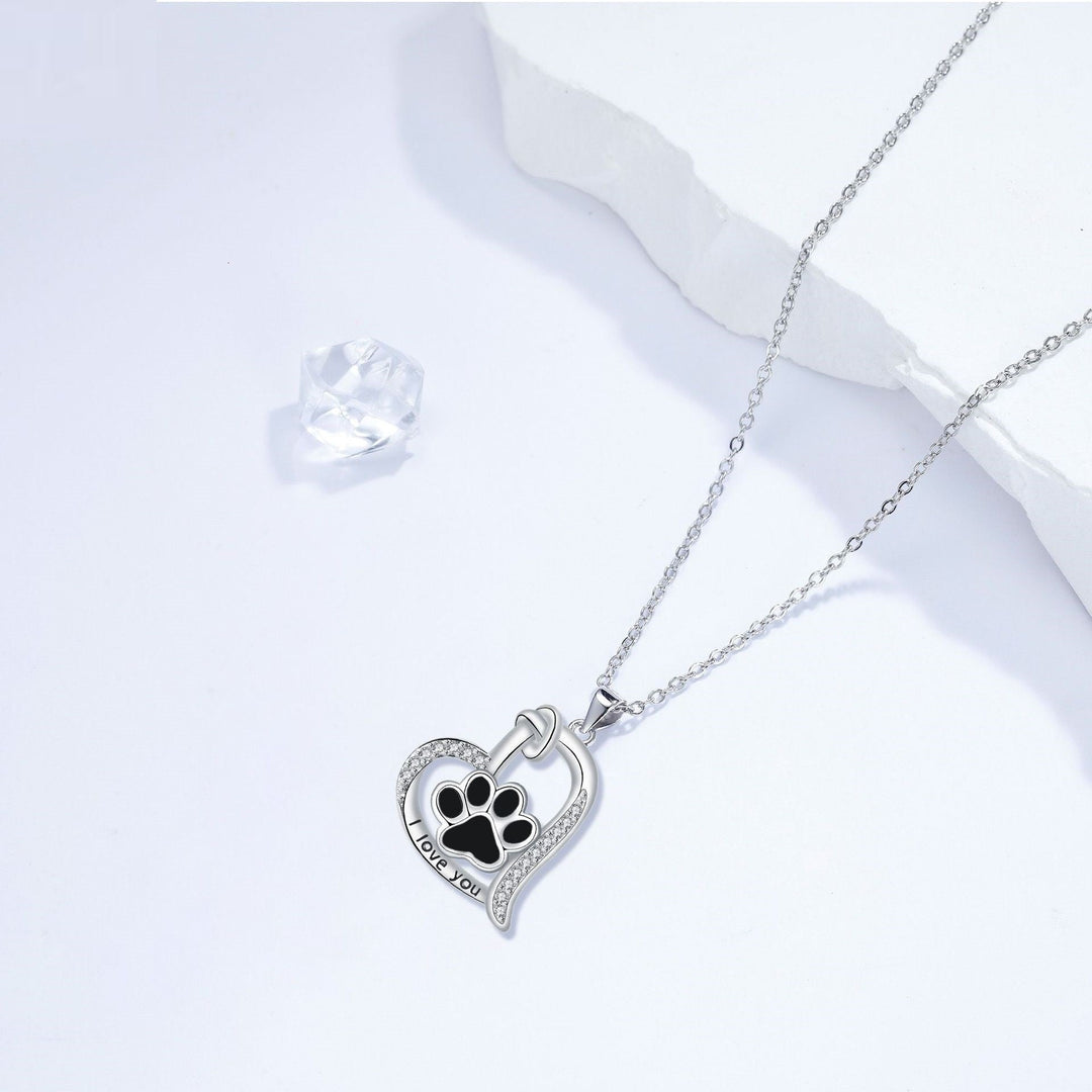 Collar con Colgante en Forma de Corazón con Huella de Perro y Zirconia