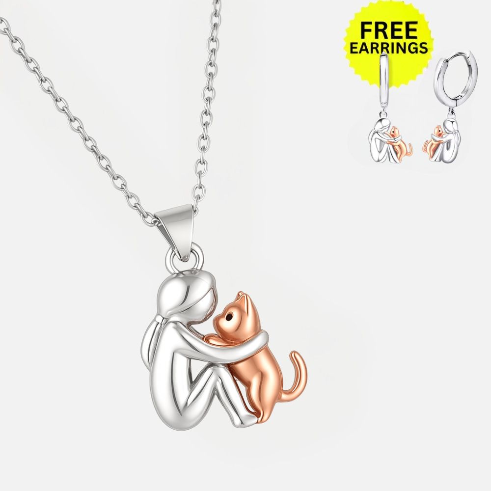 Collar con Colgante de Abrazo de Gato y Pendientes de Regalo – Oferta por Tiempo Limitado