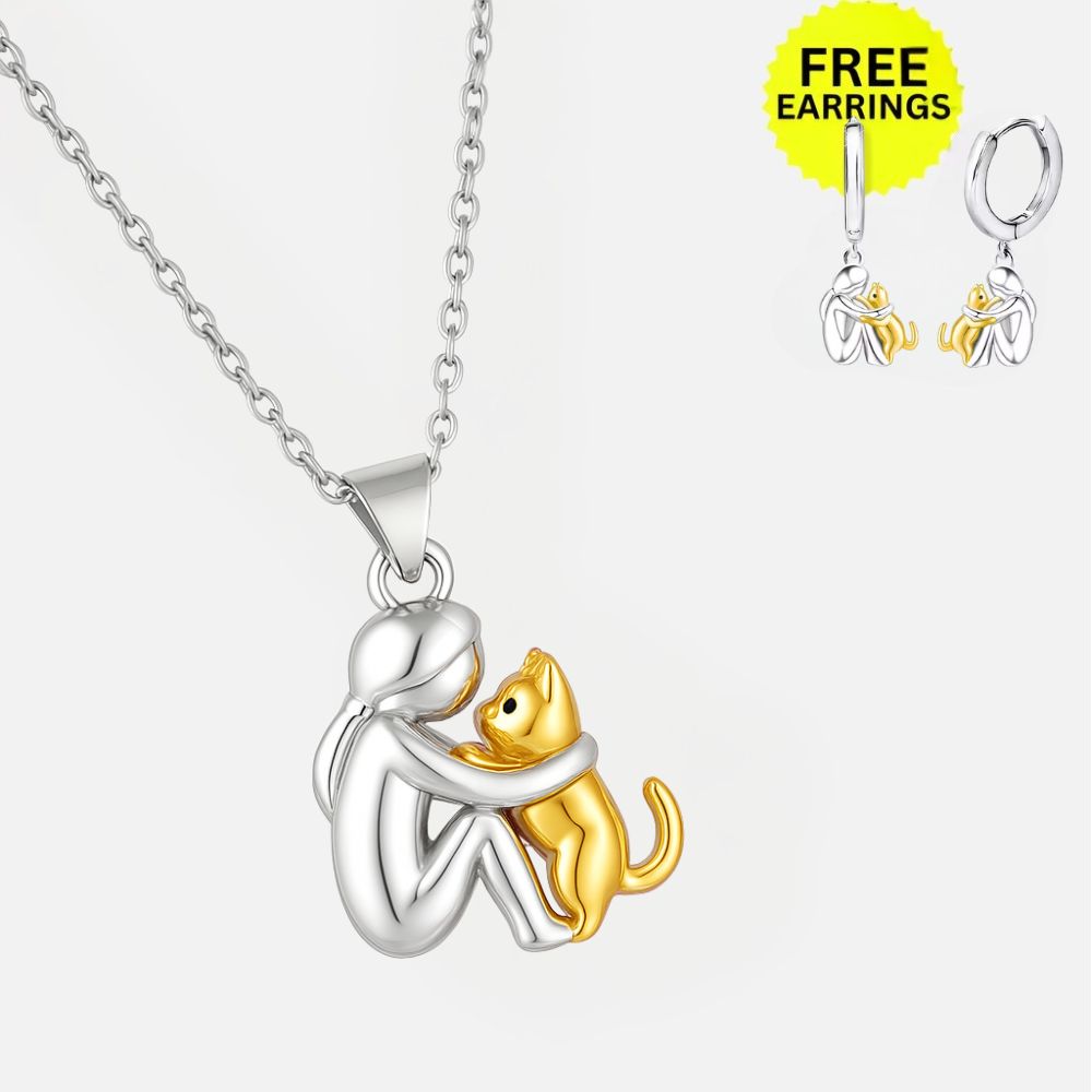 Collar con Colgante de Abrazo de Gato y Pendientes de Regalo – Oferta por Tiempo Limitado