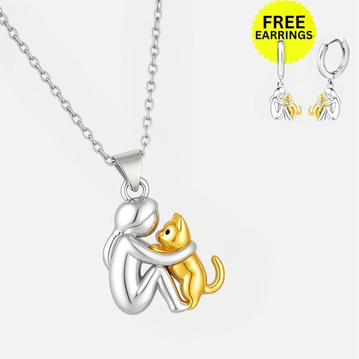 Collar con Colgante de Abrazo de Gato y Pendientes de Regalo – Oferta por Tiempo Limitado