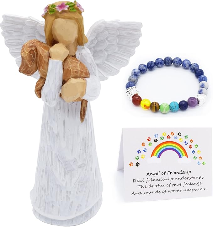 Set de Regalo en Memoria de Perro con Figuras de Ángel de la Amistad y Pulsera Chakra del Puente Arcoíris