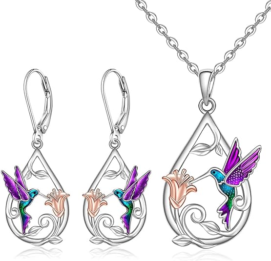 Hermosa Collar de Colibrí para Mujeres con Pendientes de Regalo