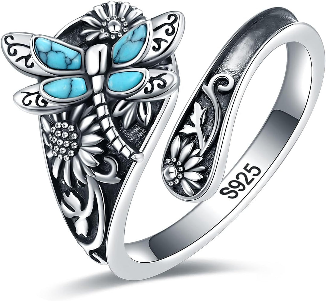 Anillo de Cuchara de Plata Esterlina con Turquesa – Anillo Vintage Boho Envuelto con Libélula