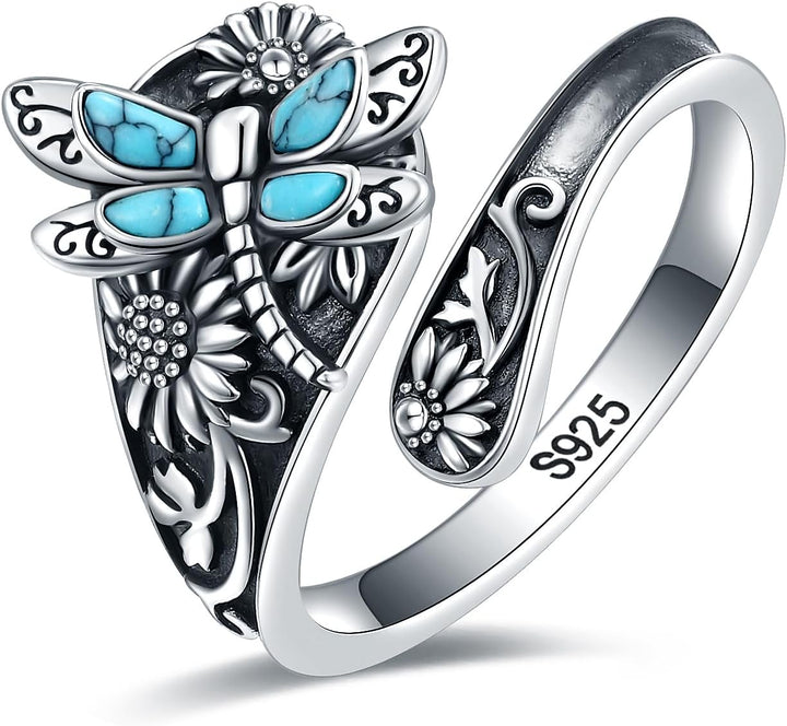 Anillo de Cuchara de Plata Esterlina con Turquesa – Anillo Vintage Boho Envuelto con Libélula