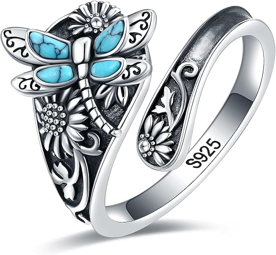 Anillo de Cuchara de Plata Esterlina con Turquesa – Anillo Vintage Boho Envuelto con Libélula