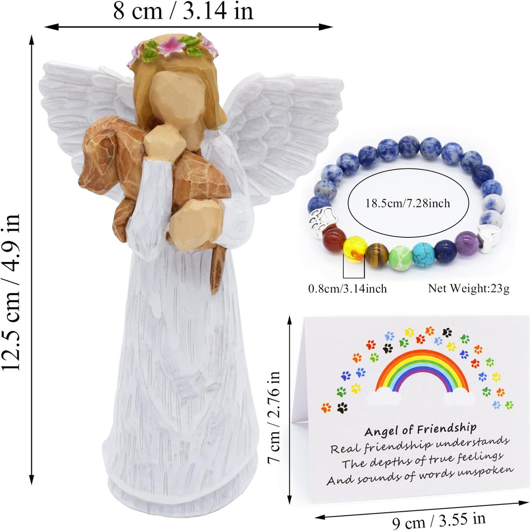 Set de Regalo en Memoria de Perro con Figuras de Ángel de la Amistad y Pulsera Chakra del Puente Arcoíris