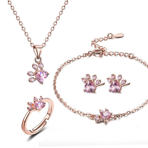 Conjunto de Joyería de Huella en Oro Rosa – 4 Piezas con Corazón de Zirconia (Anillo, Collar, Pendientes, Pulsera)