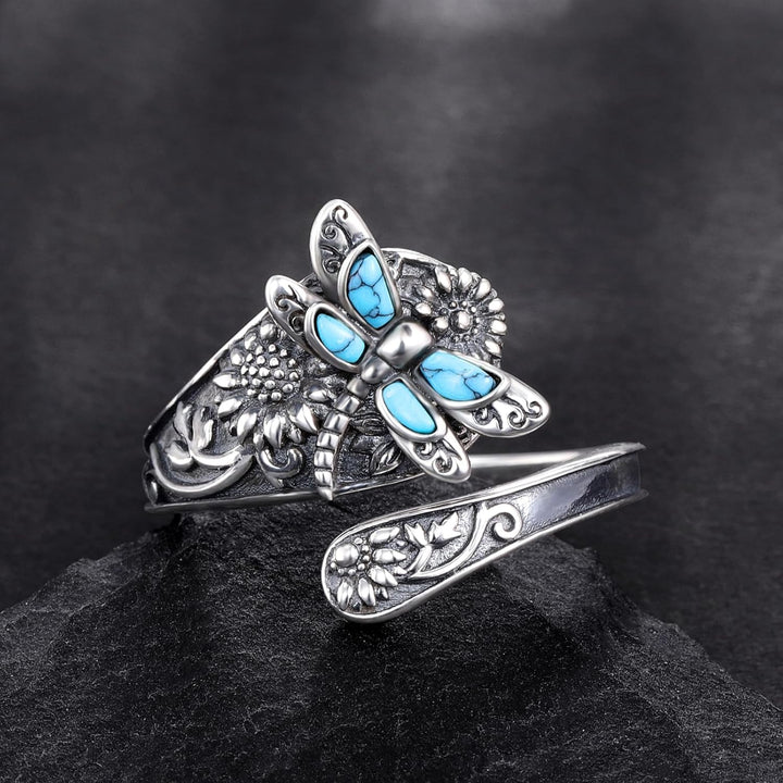 Anillo de Cuchara de Plata Esterlina con Turquesa – Anillo Vintage Boho Envuelto con Libélula