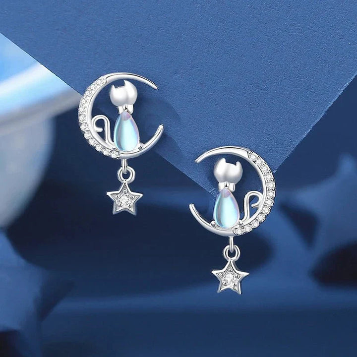 Pendientes de Gato de Luna y Estrella de Plata de Ley 925 con Circonitas