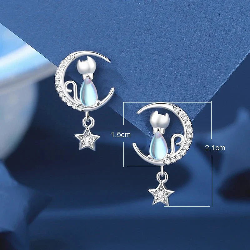 Pendientes de Gato de Luna y Estrella de Plata de Ley 925 con Circonitas