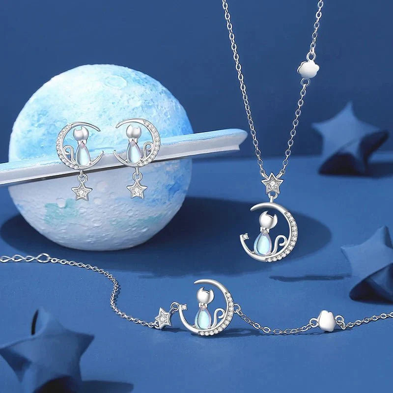 Pendientes de Gato de Luna y Estrella de Plata de Ley 925 con Circonitas
