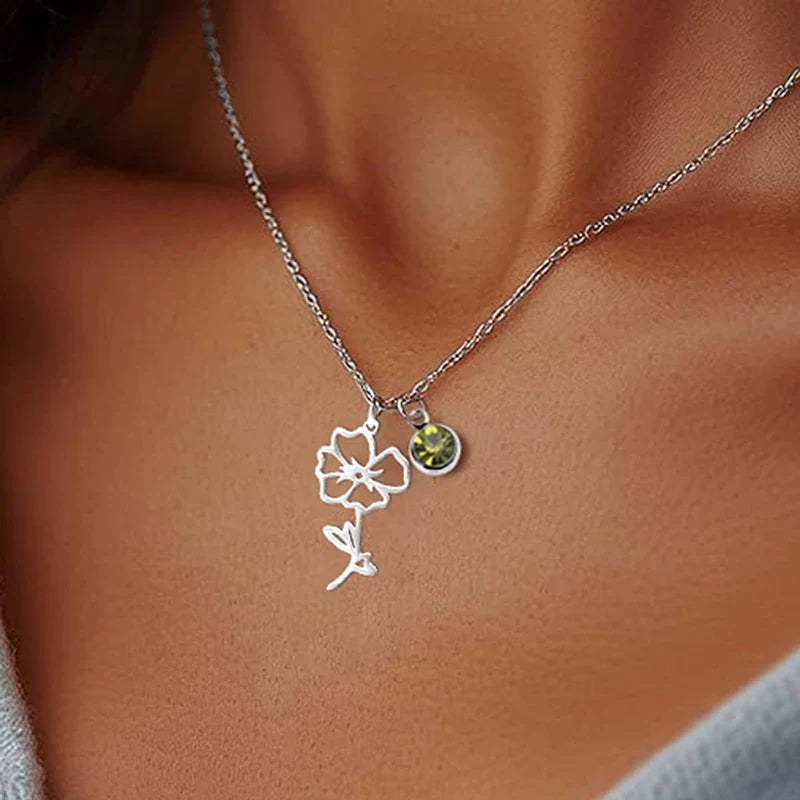 Collar Personalizado de Piedra Natal y Flor de Nacimiento