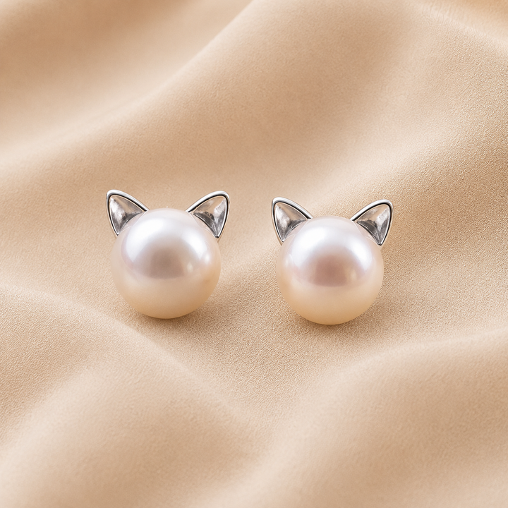 Pendientes de Perla en Plata de Ley con Diseño de Gato