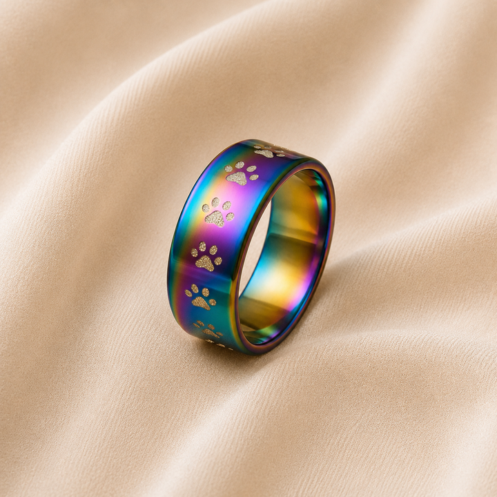 Anillo de Huella de Patas de Acero Inoxidable Arcoíris Hecho a Mano