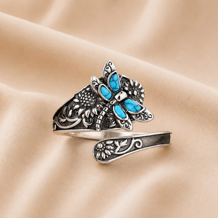Anillo de Cuchara de Plata Esterlina con Turquesa – Anillo Vintage Boho Envuelto con Libélula