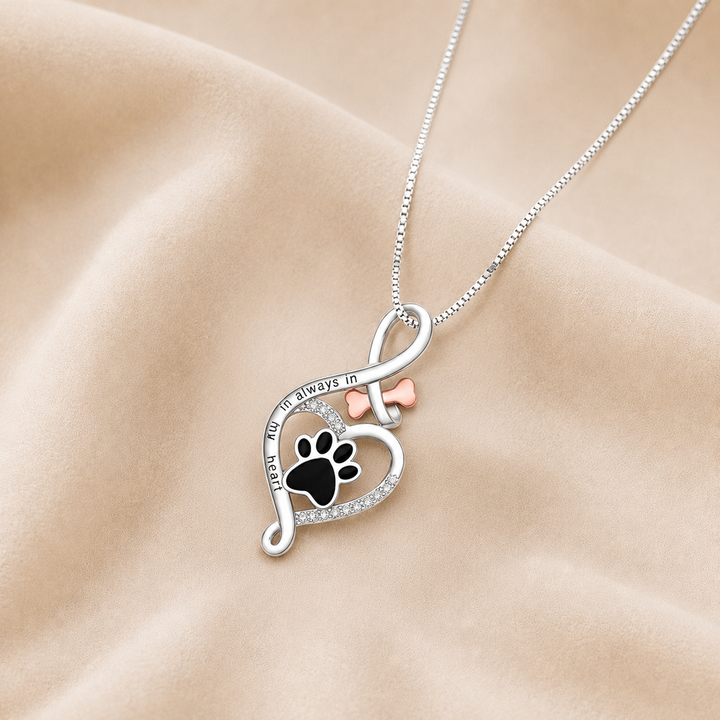 Collar Patita de la Suerte con Corazón, Hueso e Infinito – Colgante “Siempre en Mi Corazón”