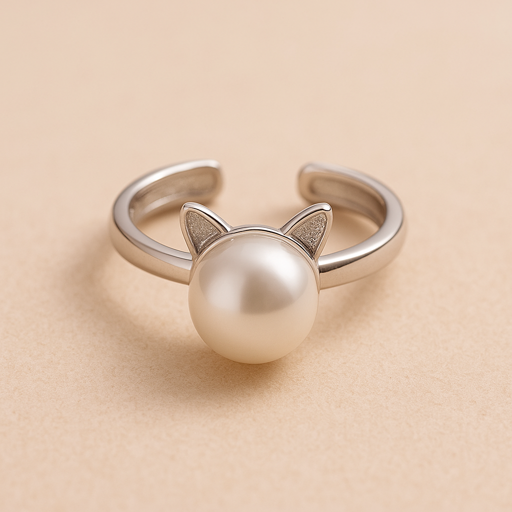 Hermosa Collar de Gato de Perlas con Pendientes + Anillo de Regalo