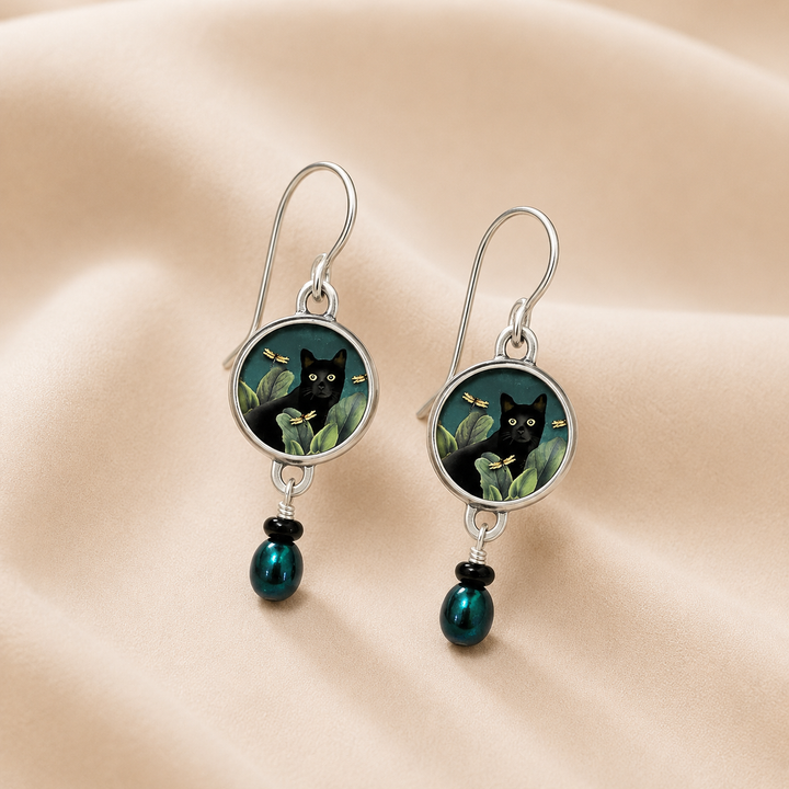Pendientes Colgantes de Gato Negro Tropical Vintage