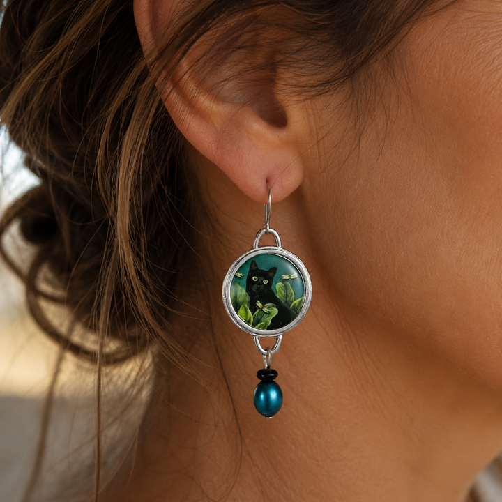Pendientes Colgantes de Gato Negro Tropical Vintage