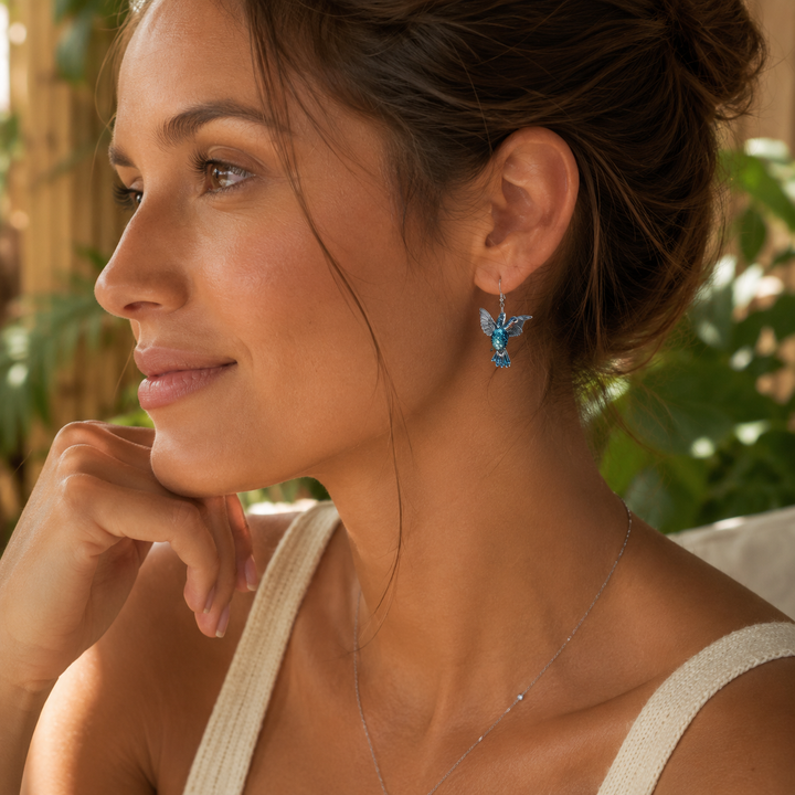 Pendientes de Colibrí de Cristal Azul