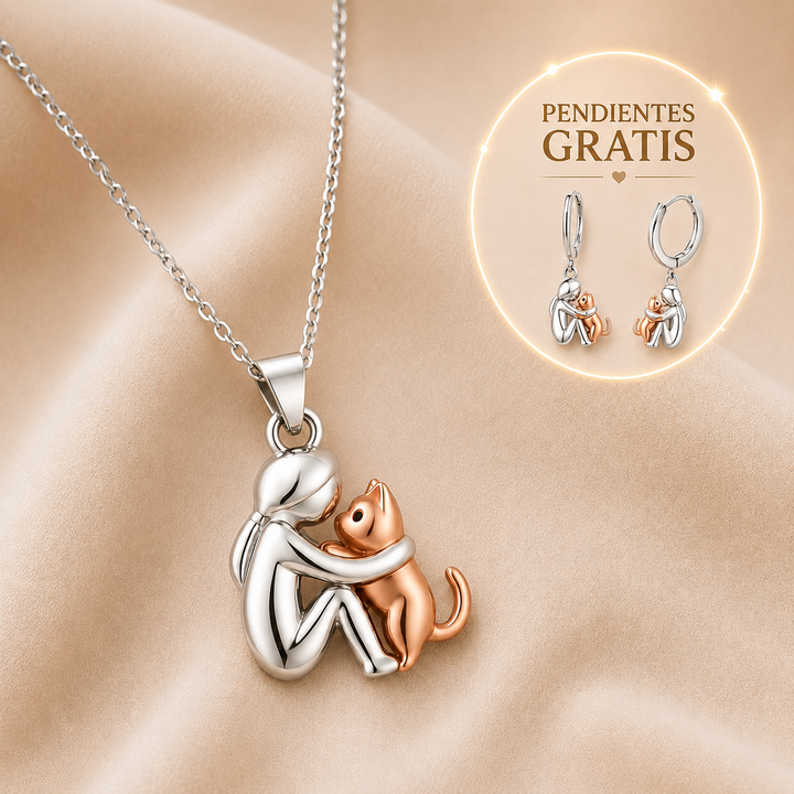 Collar con Colgante de Abrazo de Gato y Pendientes de Regalo – Oferta por Tiempo Limitado