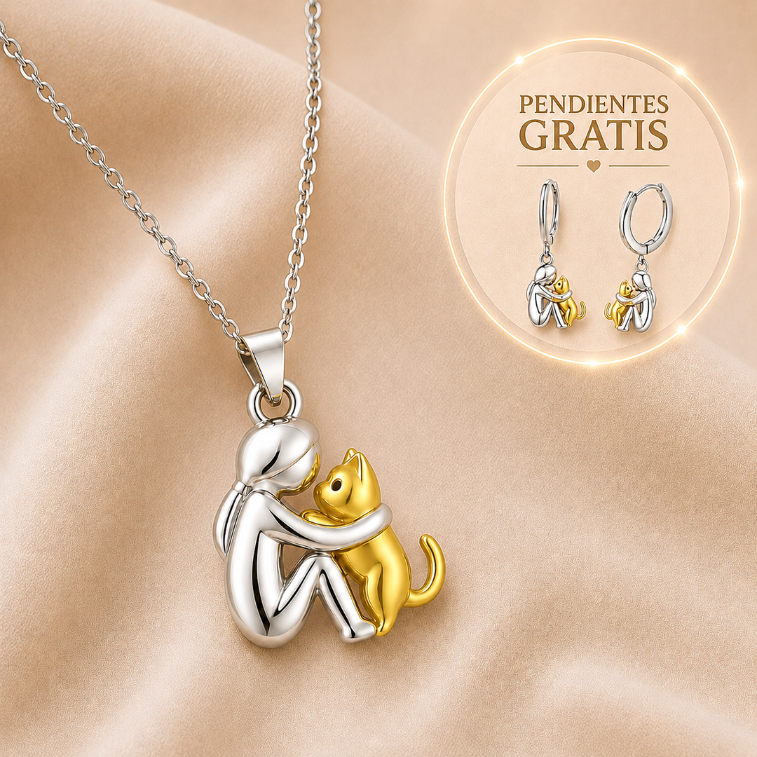 Collar con Colgante de Abrazo de Gato y Pendientes de Regalo – Oferta por Tiempo Limitado