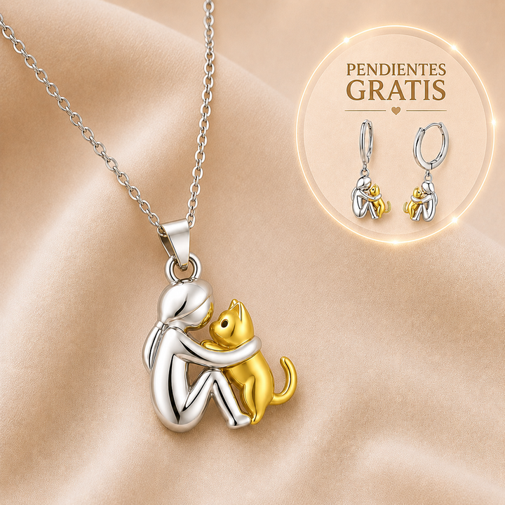 Collar con Colgante de Abrazo de Gato y Pendientes de Regalo – Oferta por Tiempo Limitado