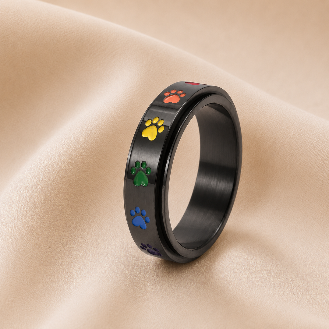 Anillo Antiestrés Giratorio – Acero Inoxidable con Huellas Arcoíris