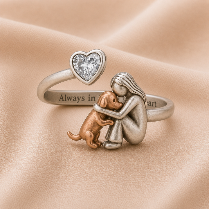 Anillo de perro hecho a mano en plata esterlina 925 con zirconia en forma de corazón – Ajuste ajustable