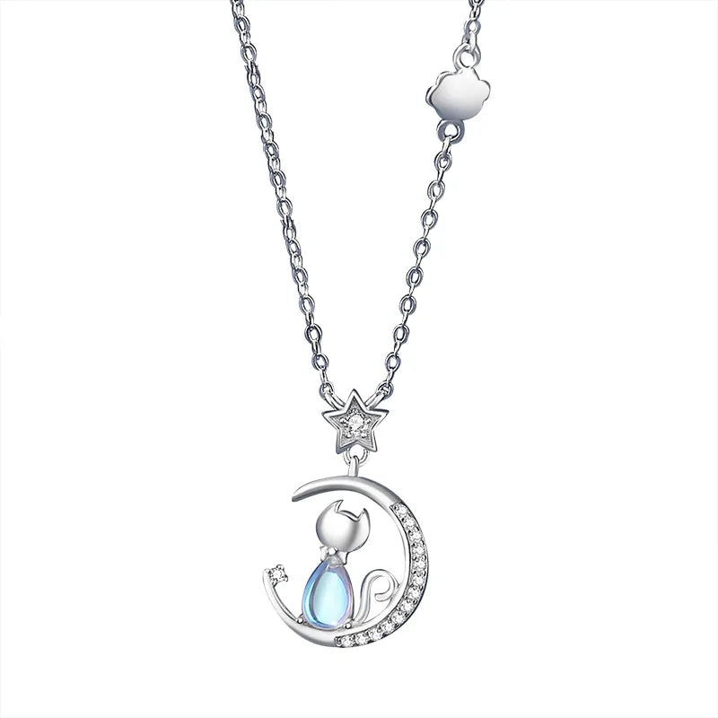 Collar de Plata Esterlina con Gato y Luna
