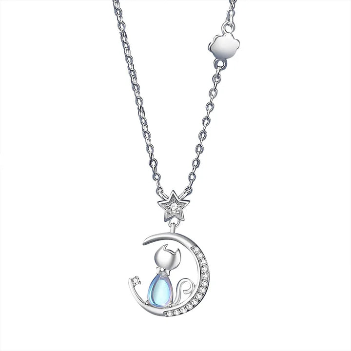 Collar de Plata Esterlina con Gato y Luna