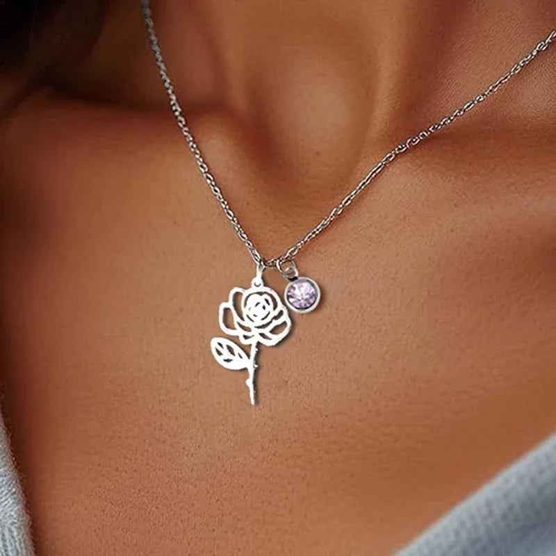 Collar Personalizado de Piedra Natal y Flor de Nacimiento