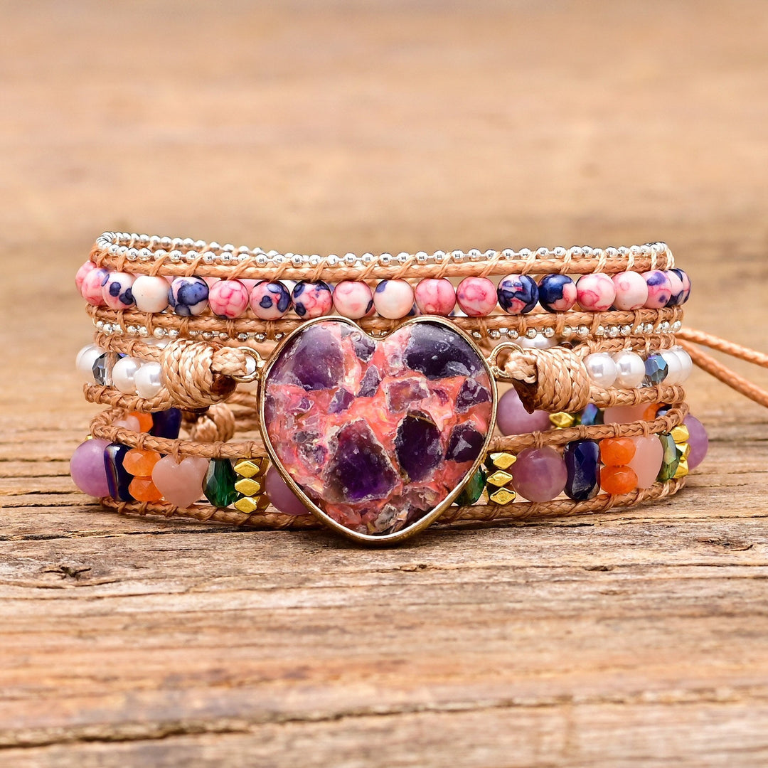 Pulsera Envueltos de Calcita Corazón Púrpura