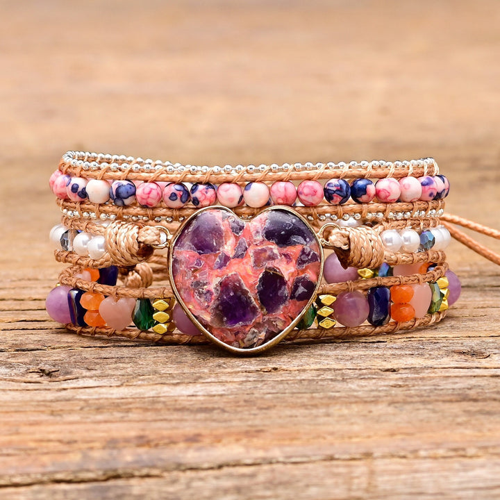 Pulsera Envueltos de Calcita Corazón Púrpura