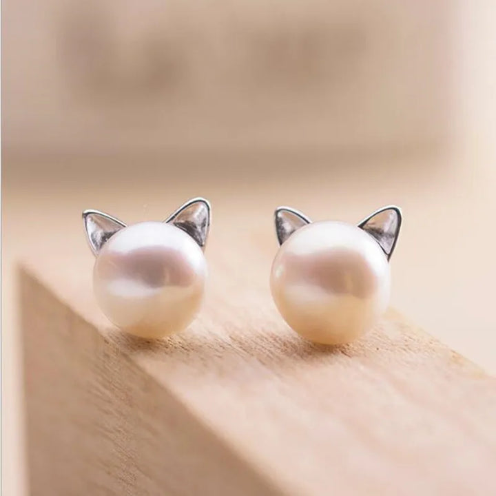 Pendientes de Perla en Plata de Ley con Diseño de Gato