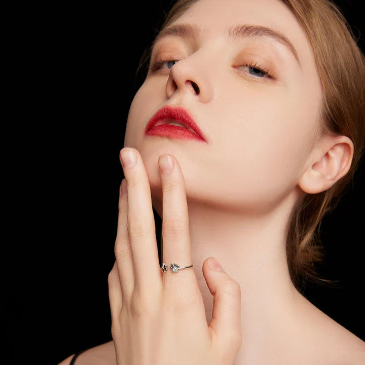 Anillo de Huella de Paw de Plata de Ley 925 – Ajustable con Circonita y Esmalte