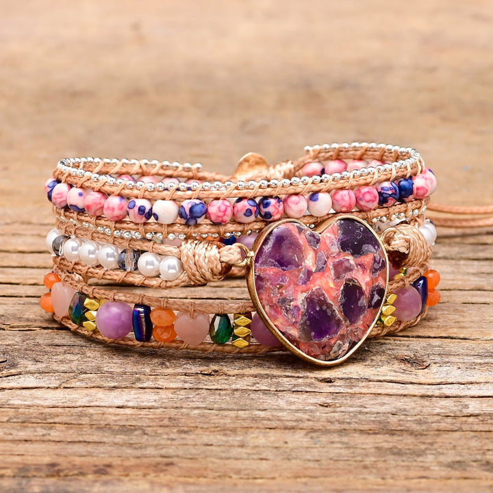 Pulsera Envueltos de Calcita Corazón Púrpura