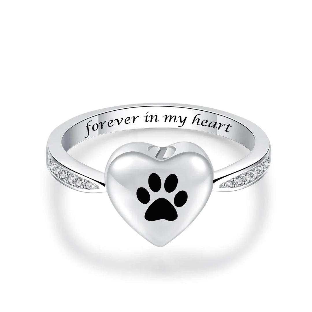 Anillo de Urna con Huella de Pata en Forma de Corazón – Joyería de Conmemoración para Mascotas
