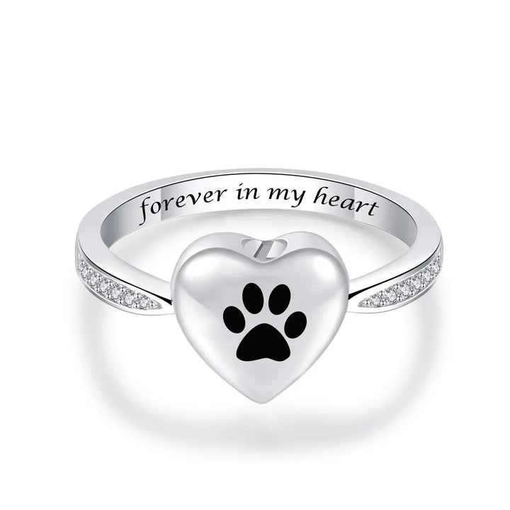 Anillo de Urna con Huella de Pata en Forma de Corazón – Joyería de Conmemoración para Mascotas