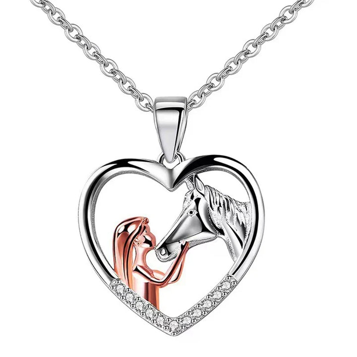 Hermosa Collar de Corazón de Circonita de Niña y Caballo