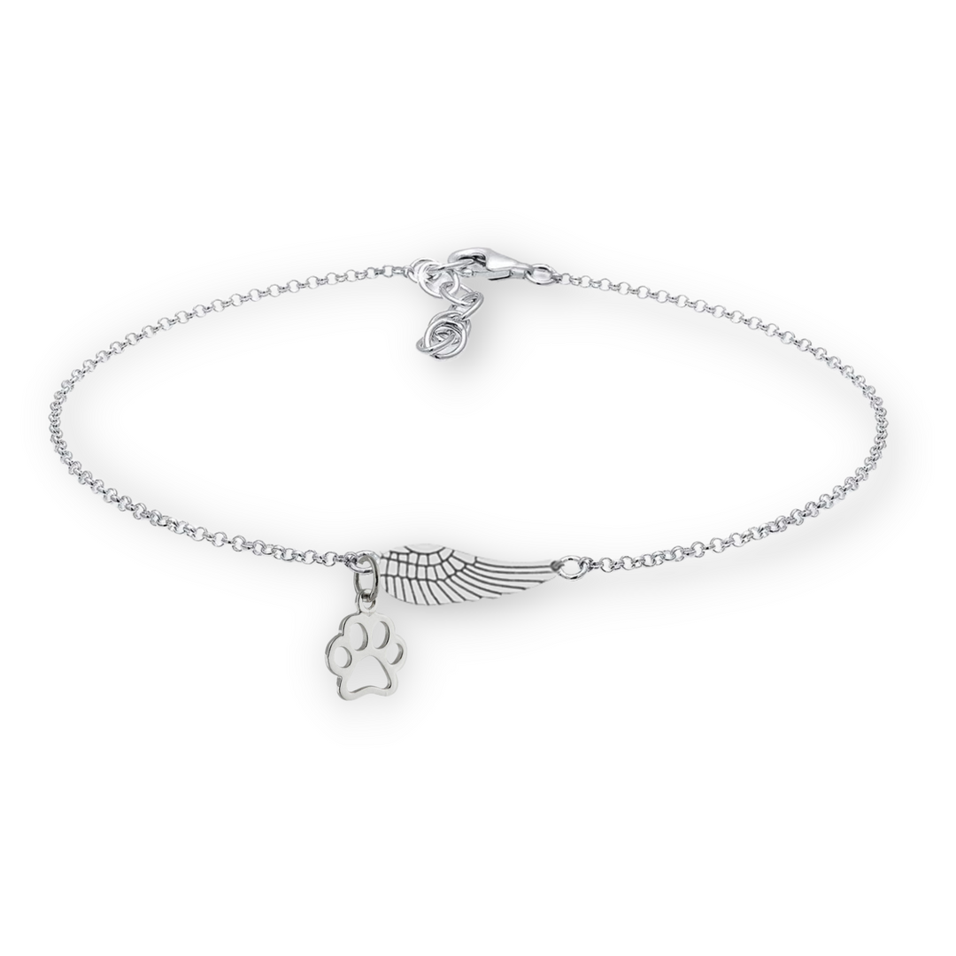 Pulsera Conmemorativa de Plata con Ala de Ángel y Huella de Patita | Hecho a Mano