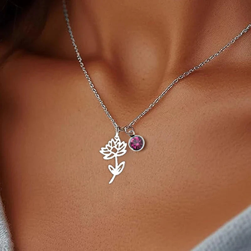 Collar Personalizado de Piedra Natal y Flor de Nacimiento