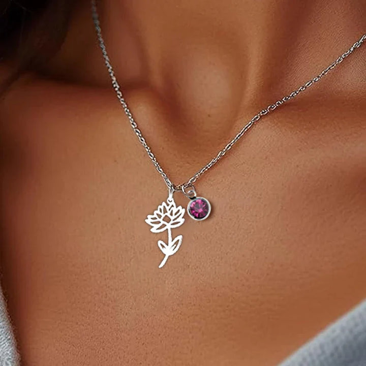 Collar Personalizado de Piedra Natal y Flor de Nacimiento
