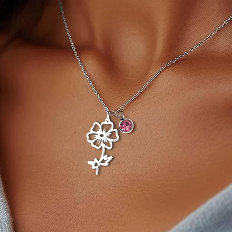 Collar Personalizado de Piedra Natal y Flor de Nacimiento