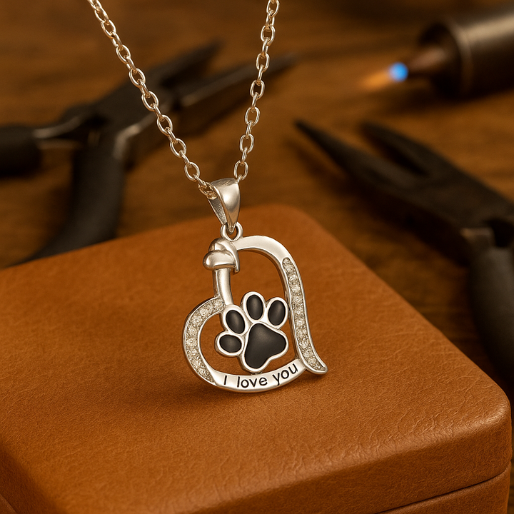 Collar con Colgante en Forma de Corazón con Huella de Perro y Zirconia