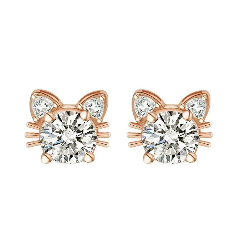 Pendientes de Stud de Gato de Moissanita en Oro Rosa de 18K en Plata de Ley 925