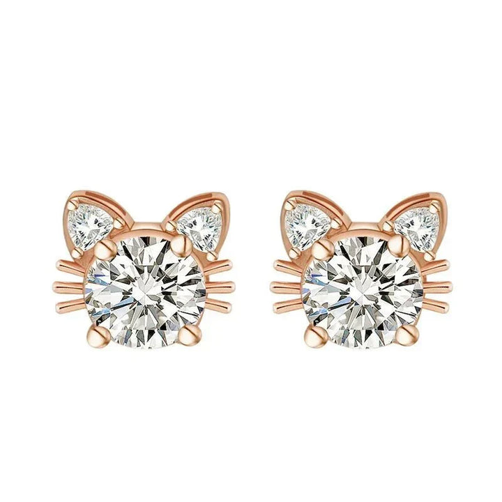 Pendientes de Stud de Gato de Moissanita en Oro Rosa de 18K en Plata de Ley 925