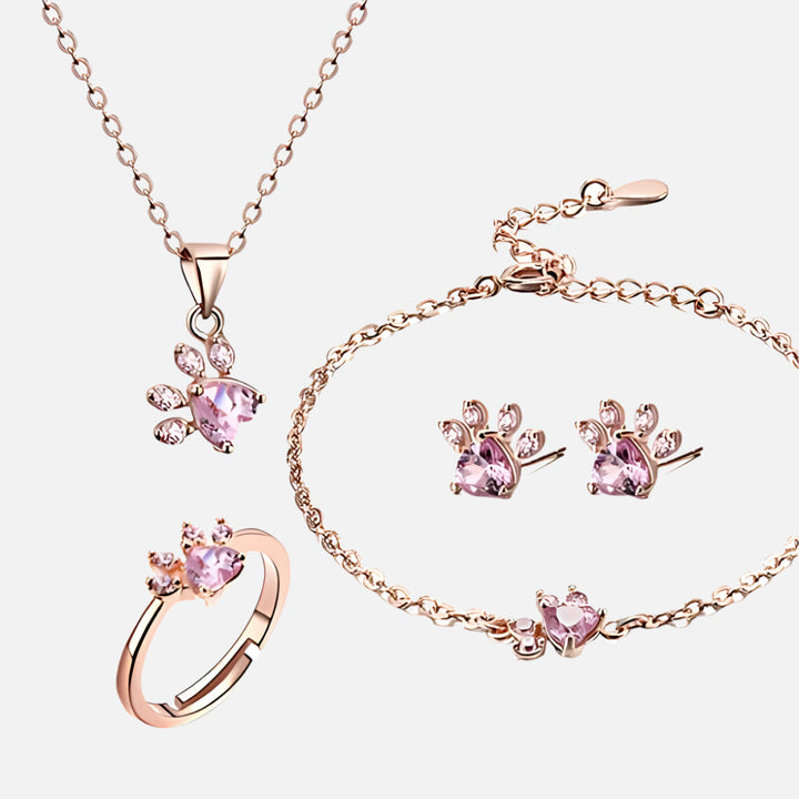 Conjunto de Joyería de Huella en Oro Rosa – 4 Piezas con Corazón de Zirconia (Anillo, Collar, Pendientes, Pulsera)